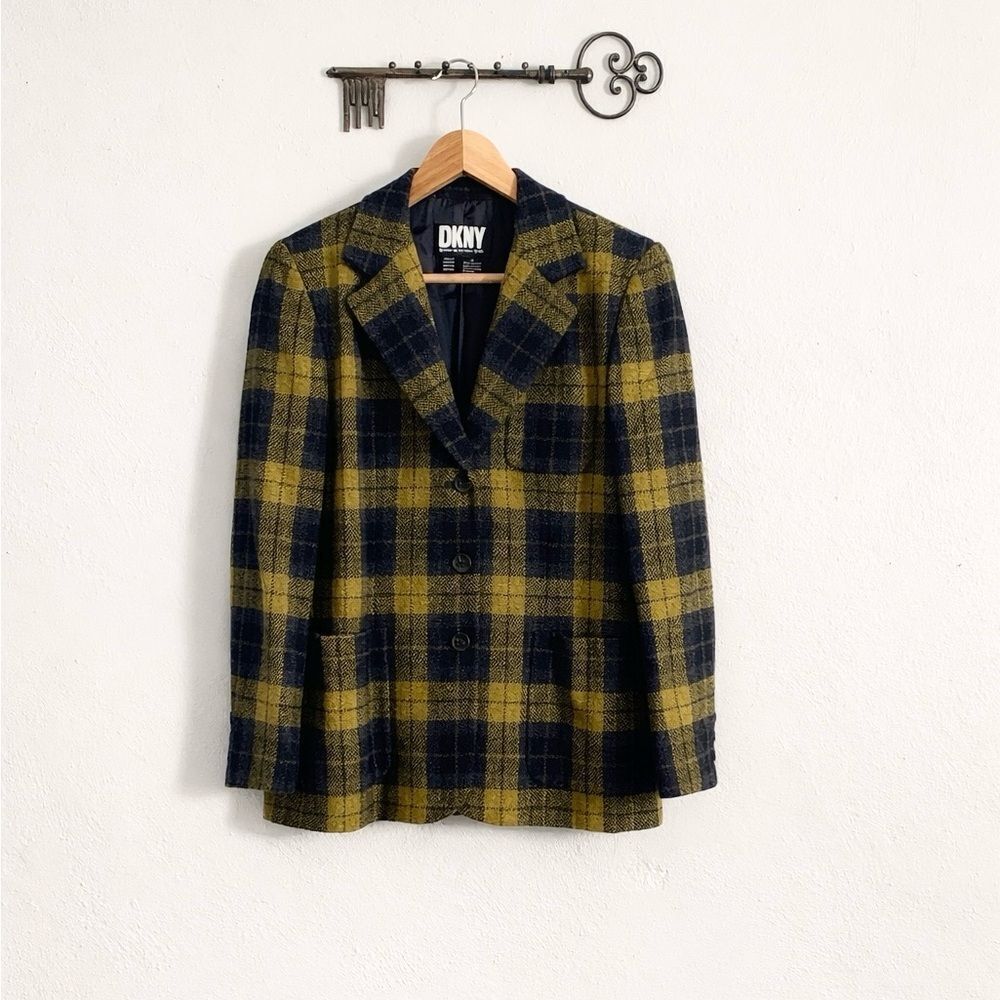 DKNY Wool Plaid Blazer Mustard & Navy Checkered Size 6